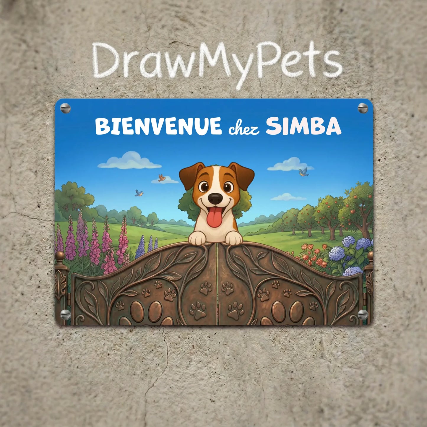 Plaque métal personnalisée "Portes du Paradis" avec chien souriant.