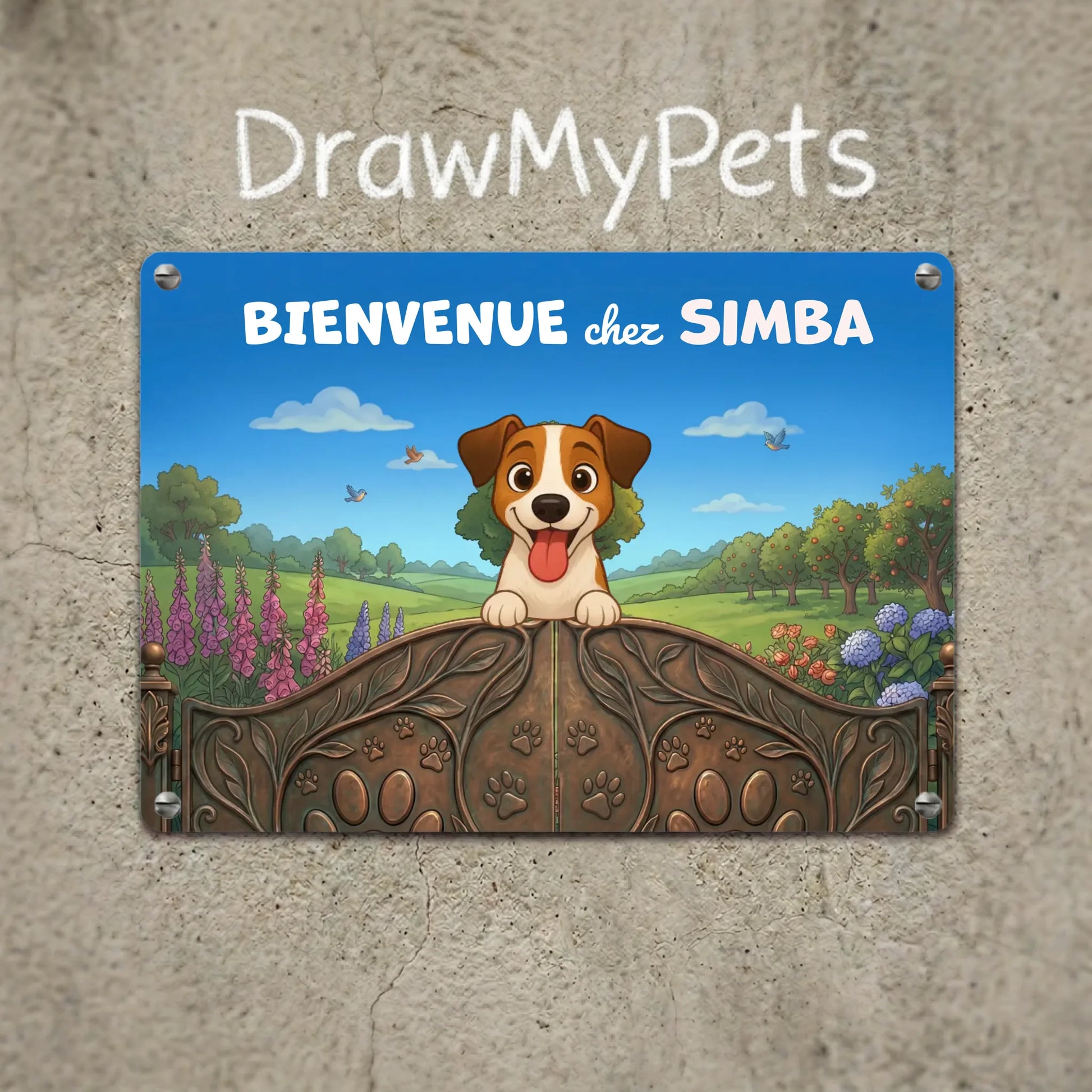 Plaque métal personnalisée "Portes du Paradis" avec chien souriant.
