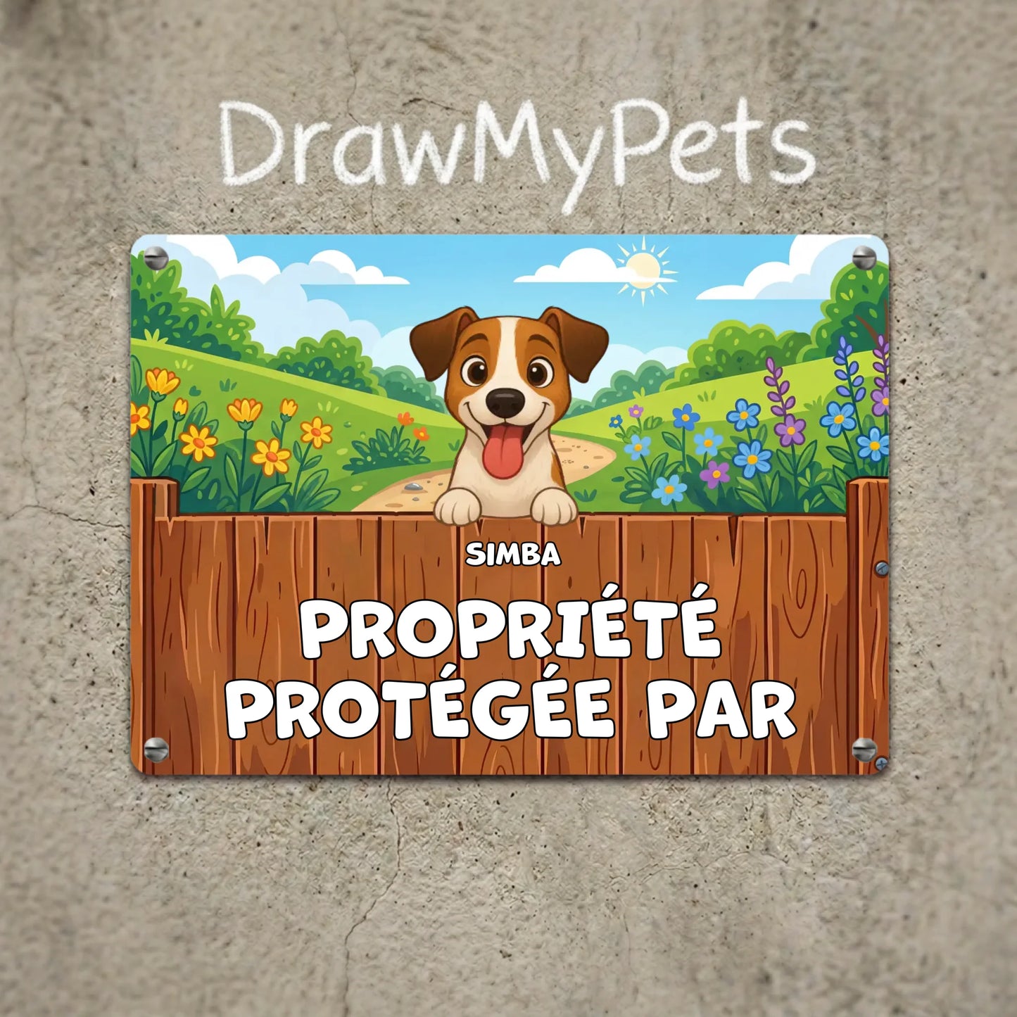 Plaque métal rectangulaire personnalisée "Propriété Protégée" avec illustration chien joyeux Jack Russell.