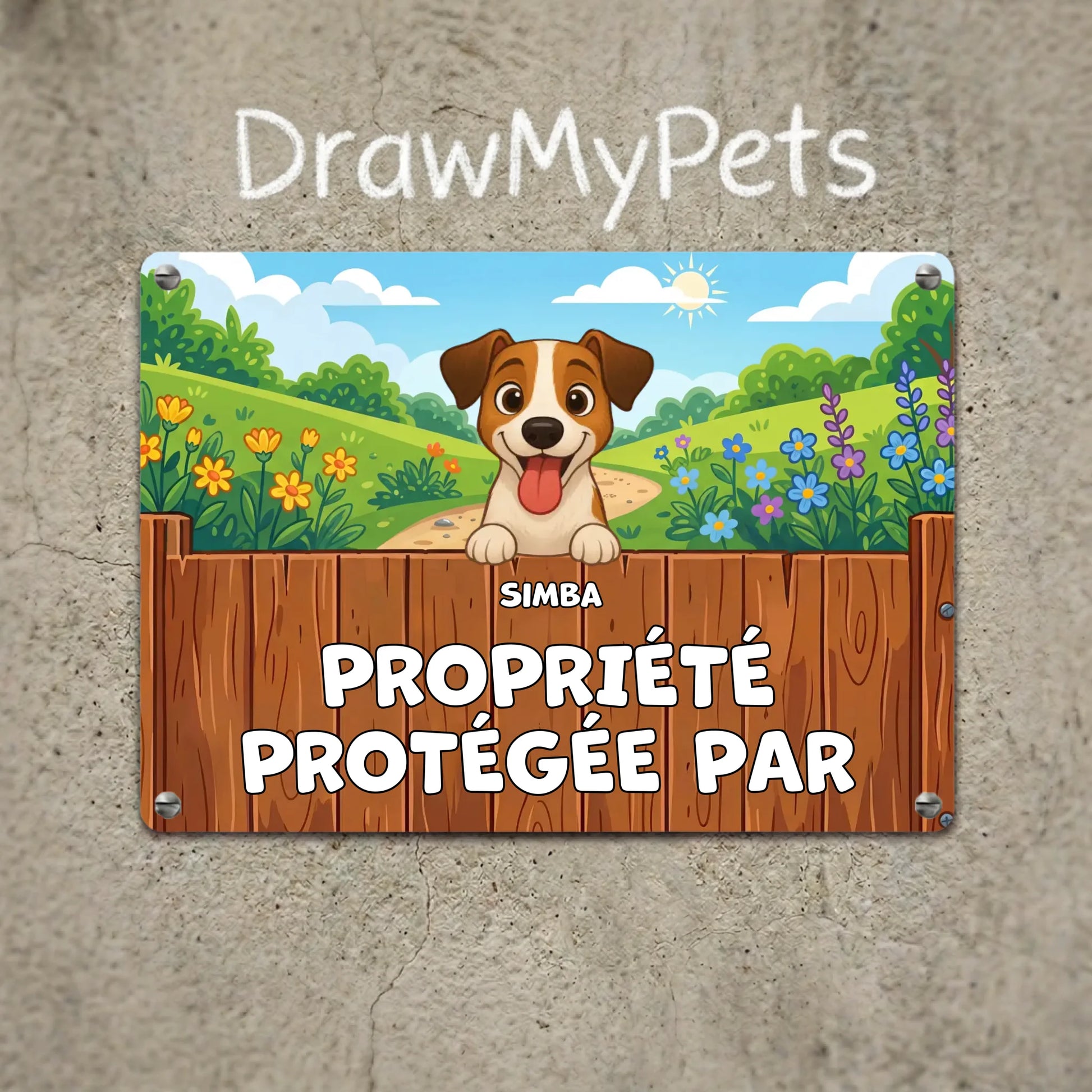 Plaque métal rectangulaire personnalisée "Propriété Protégée" avec illustration chien joyeux Jack Russell.