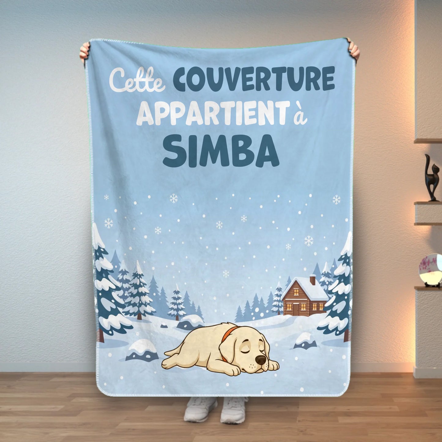 Couverture personnalisée pour chien Labrador endormi dans la neige avec le prénom Simba