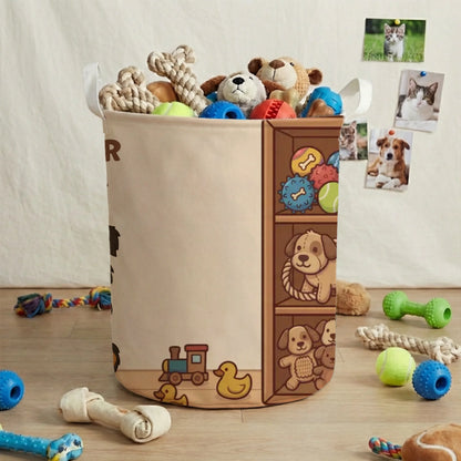 Détail du panier à jouets personnalisé, montrant l'illustration joyeuse d'un chien et le texte Panier de.