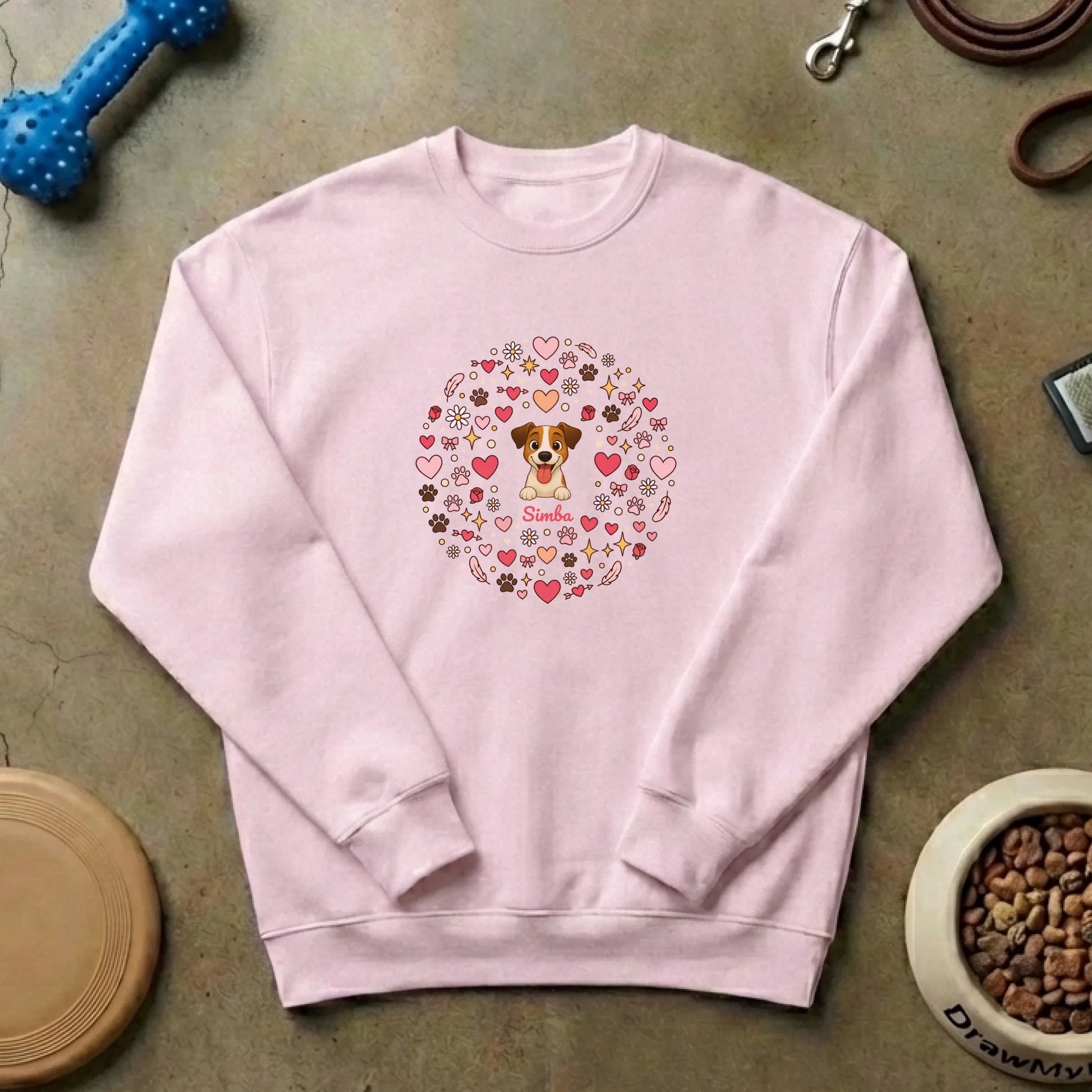 Gros plan sur l'illustration circulaire "Tourbillon d'amour" avec un chiot marron et blanc, cœurs roses et pattes.