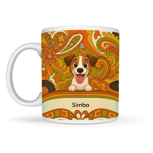 Personaliseret keramikkrus med Jack Russell hund i psykedelisk sol-design og navn 'Simba'.