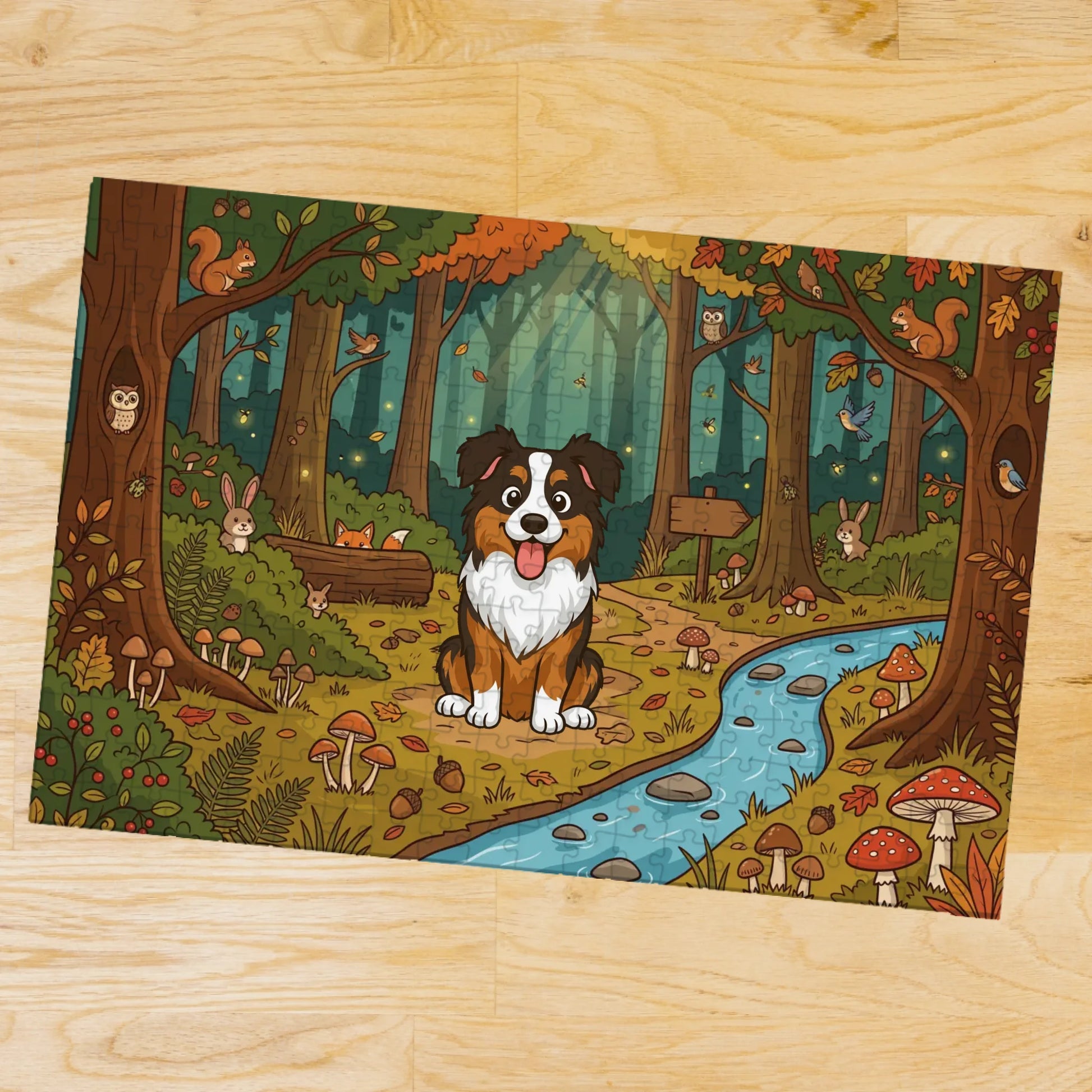 Puzzle personnalisé Balade en forêt avec chien type berger australien et prénom