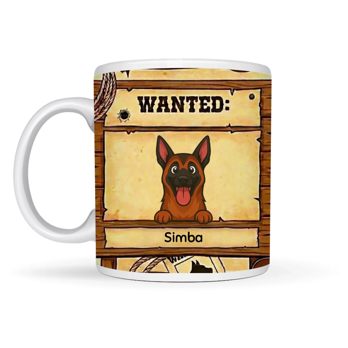 Gepersonaliseerde keramische mok met 'WANTED' poster design van een vrolijke hond.