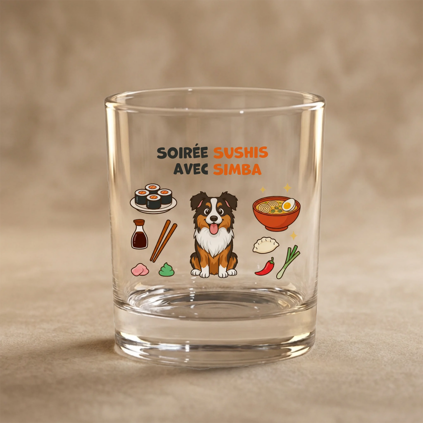 Verre personnalisé "Soirée Sushis" avec un Berger Australien et des plats japonais. DMP.