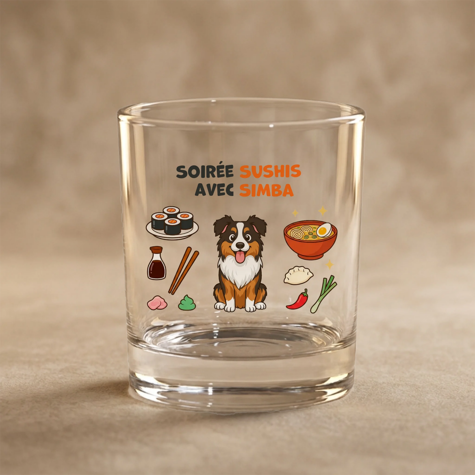Verre personnalisé "Soirée Sushis" avec un Berger Australien et des plats japonais. DMP.