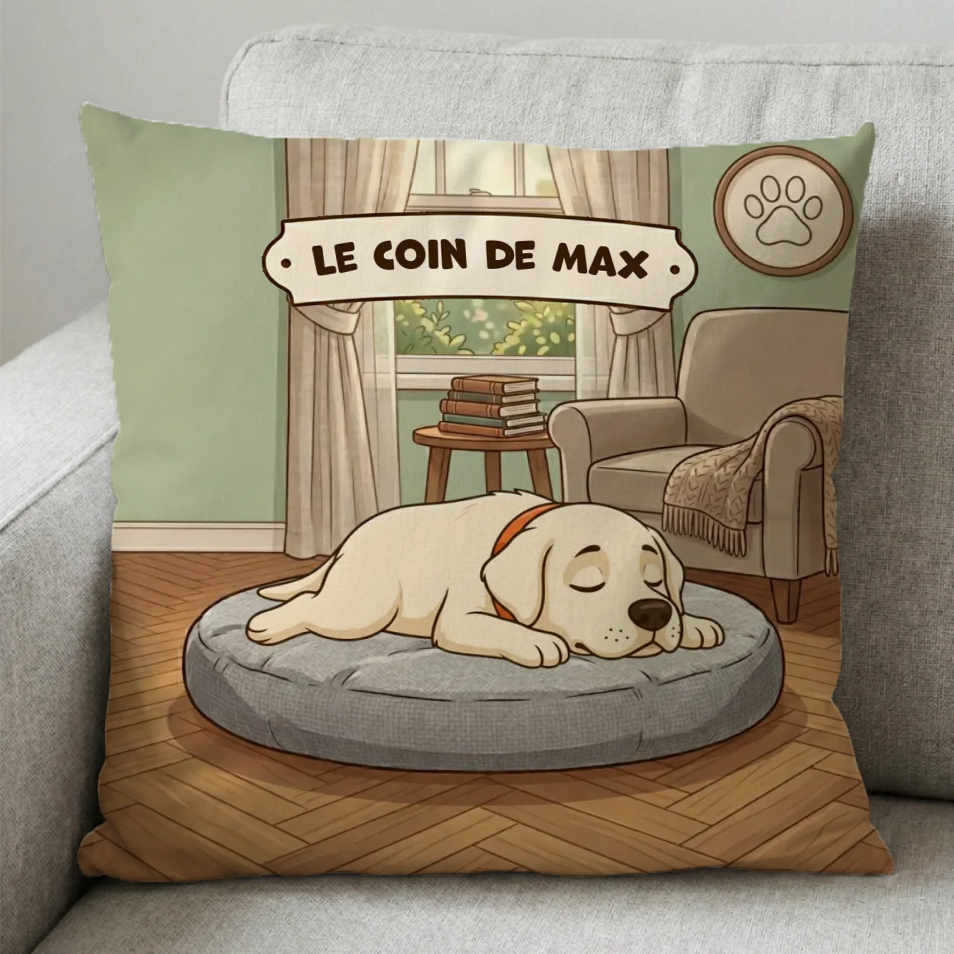 Coussin carré personnalisé "Le coin de" avec illustration d'un chien endormi sur son lit, prénom Max.