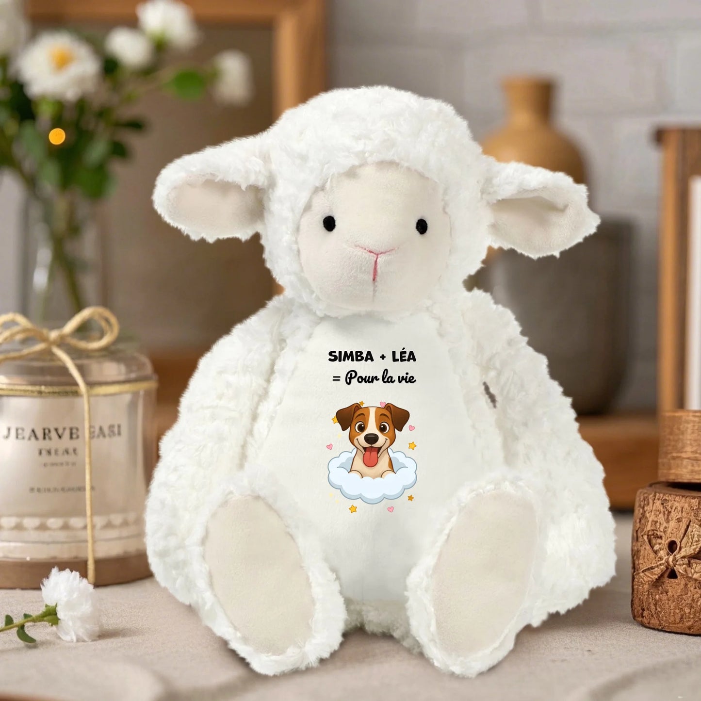 Doudou agneau blanc personnalisé "Pour la vie" avec illustration de chien.