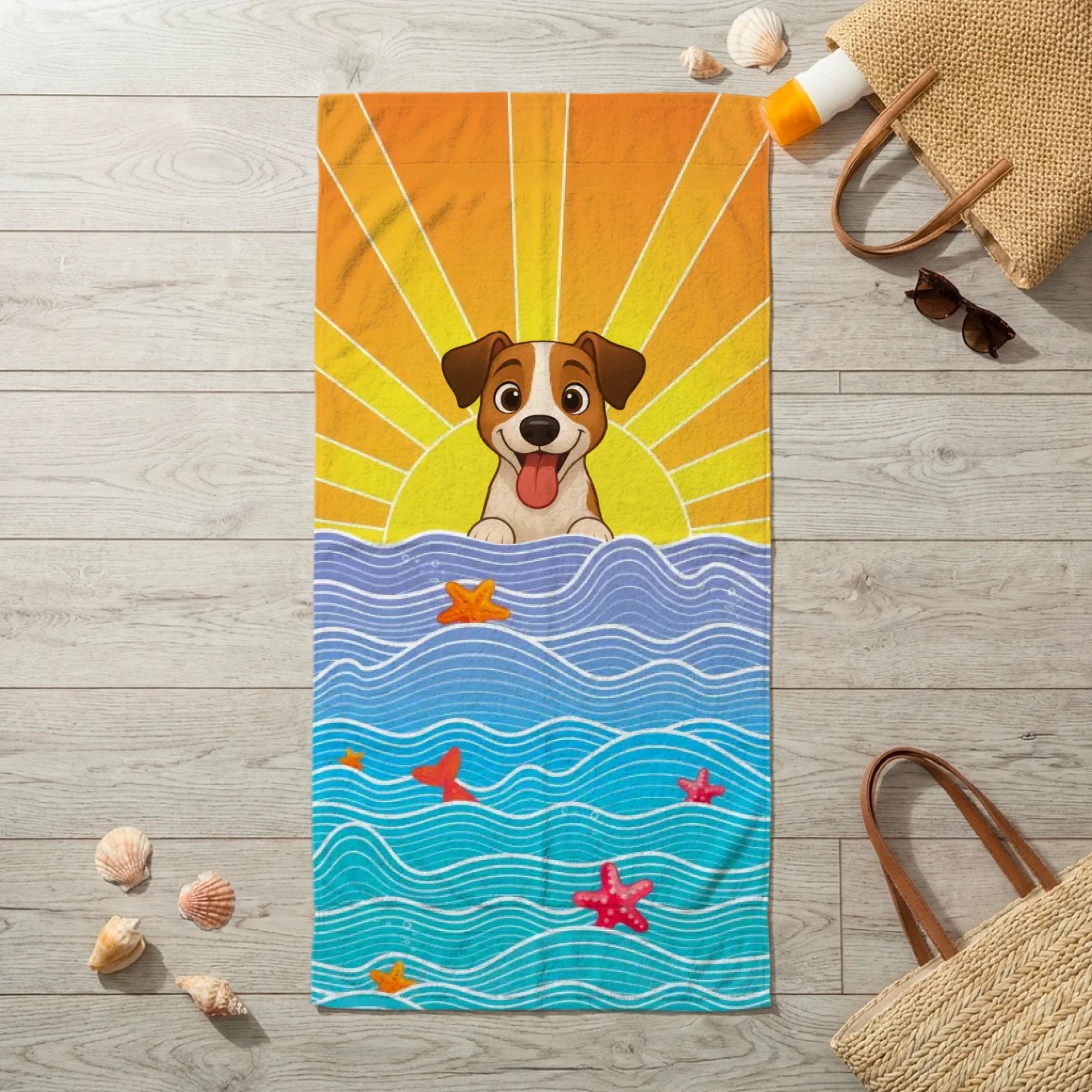 Serviette de plage personnalisée avec illustration d'un chien Jack Russell souriant sous le soleil.