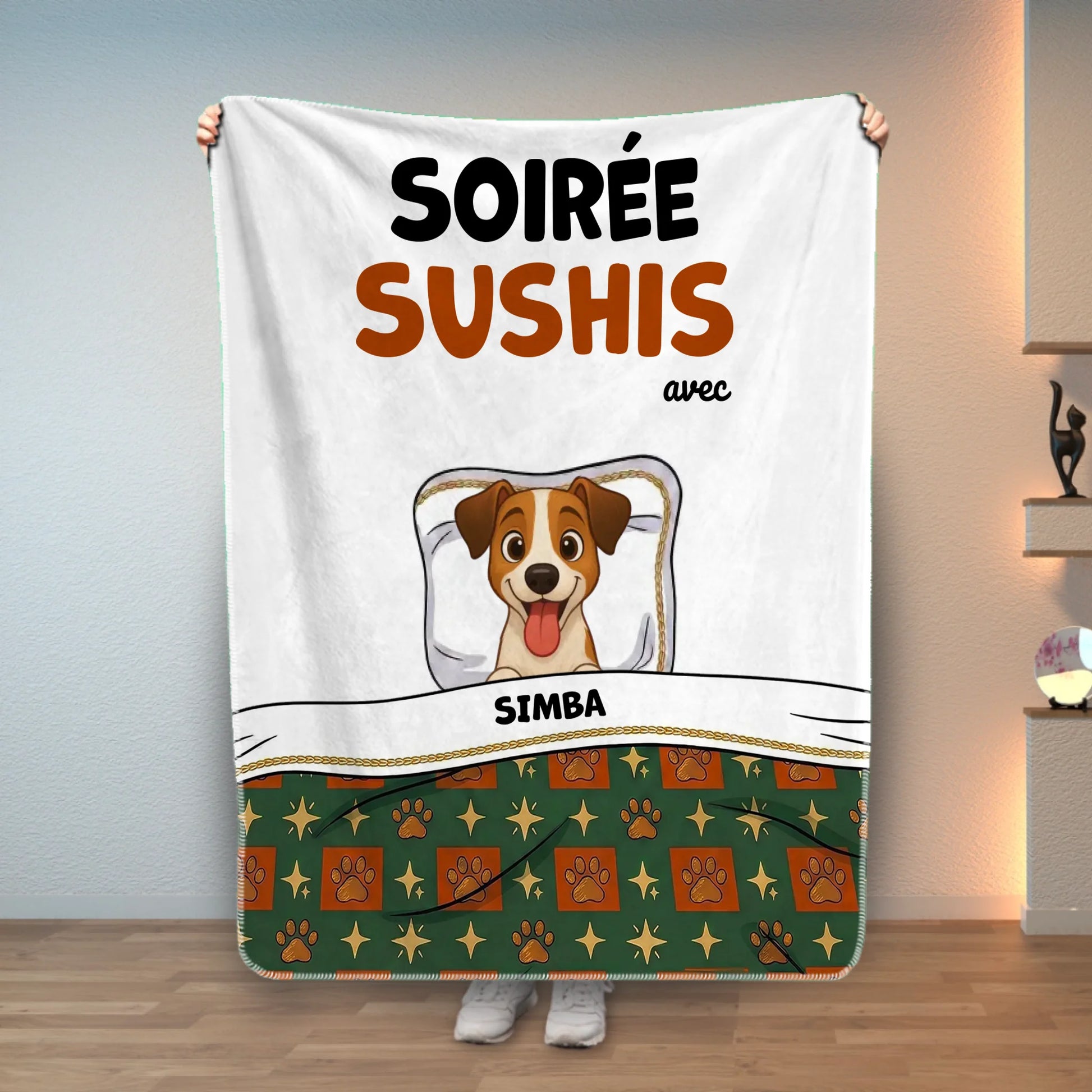 Plaid personnalisé blanc et vert avec illustration chien joyeux "Soirée Sushis avec" et prénom.
