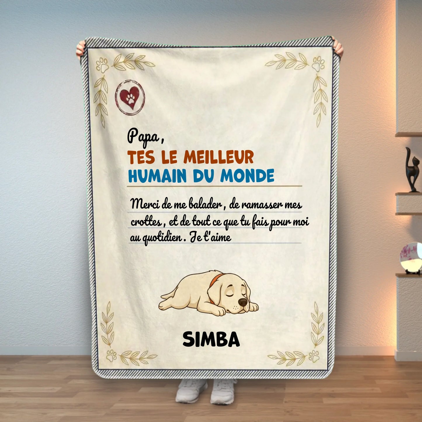Plaid personnalisé beige avec message "Meilleur Humain" et chien endormi, doux.