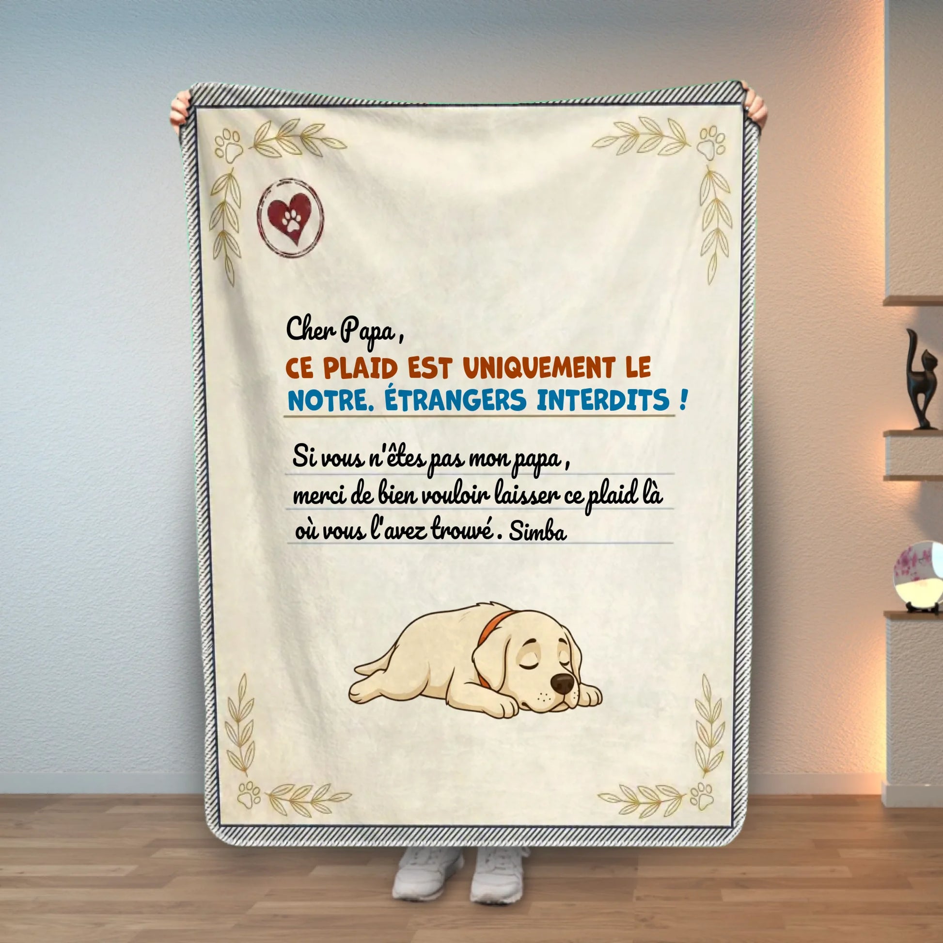 Plaid personnalisé "Interdit aux étrangers" avec illustration de chien endormi, motif exclusif DMP.