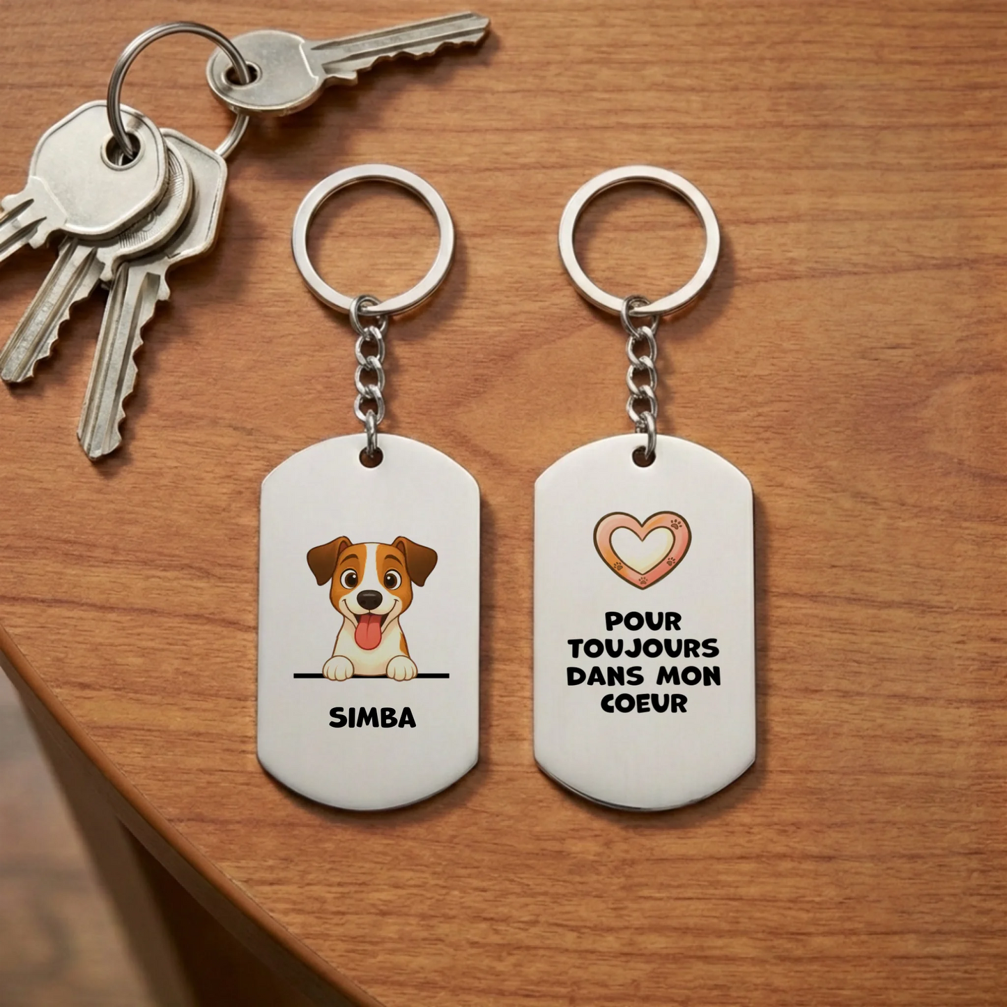 Porte-clés personnalisé Jack Russell avec prénom et message "Pour toujours dans mon cœur".