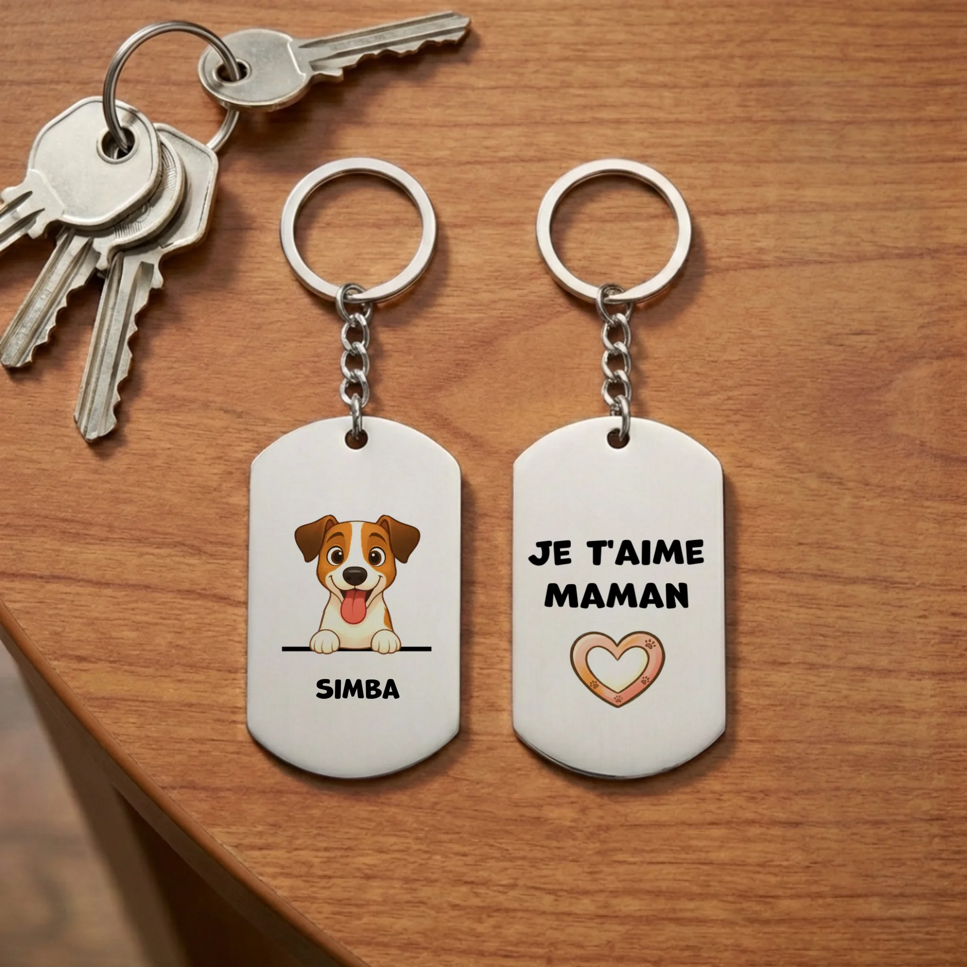 Porte-clés personnalisé "Je t'aime maman/papa" avec illustration de chien type Jack Russell.