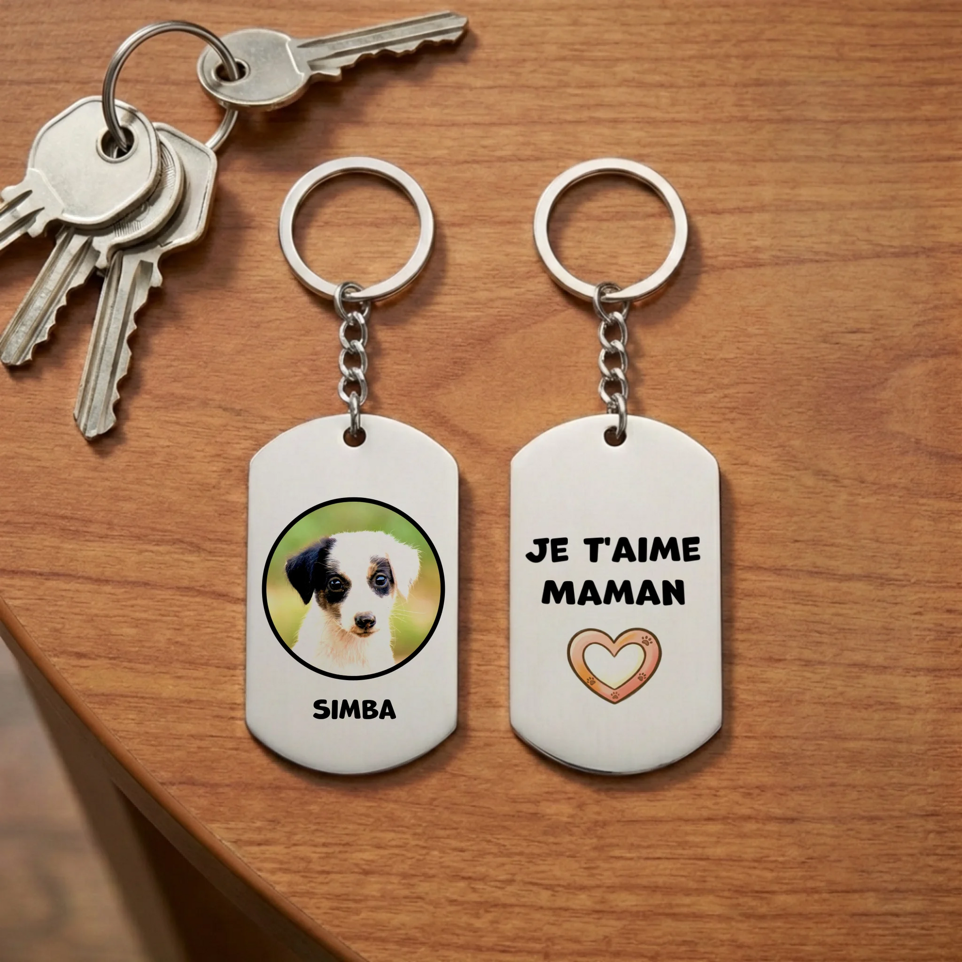 Porte-clés "Je t'aime Maman" personnalisé avec la photo d'un chiot blanc et noir et son prénom Simba.