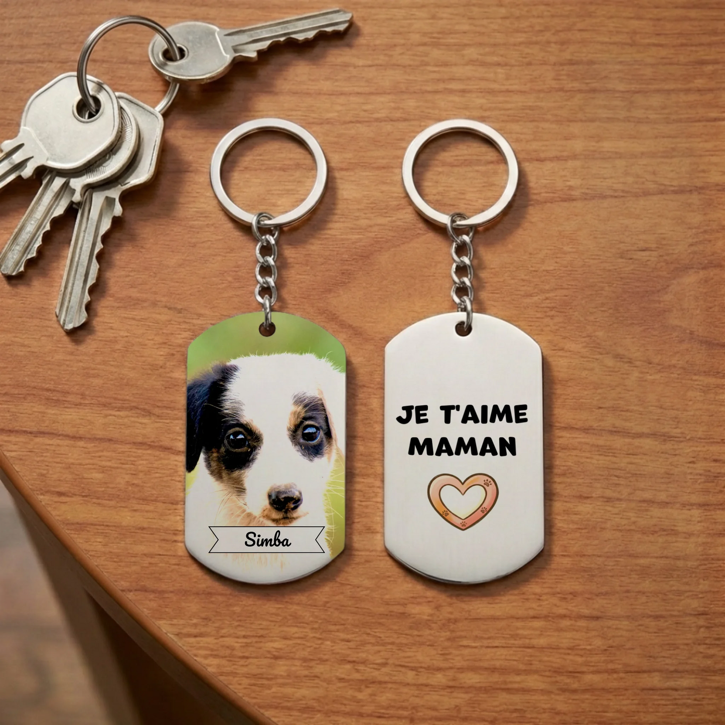 Porte-clés personnalisé "Je t'aime Maman" avec portrait de chiot pour chien et chat DMP.
