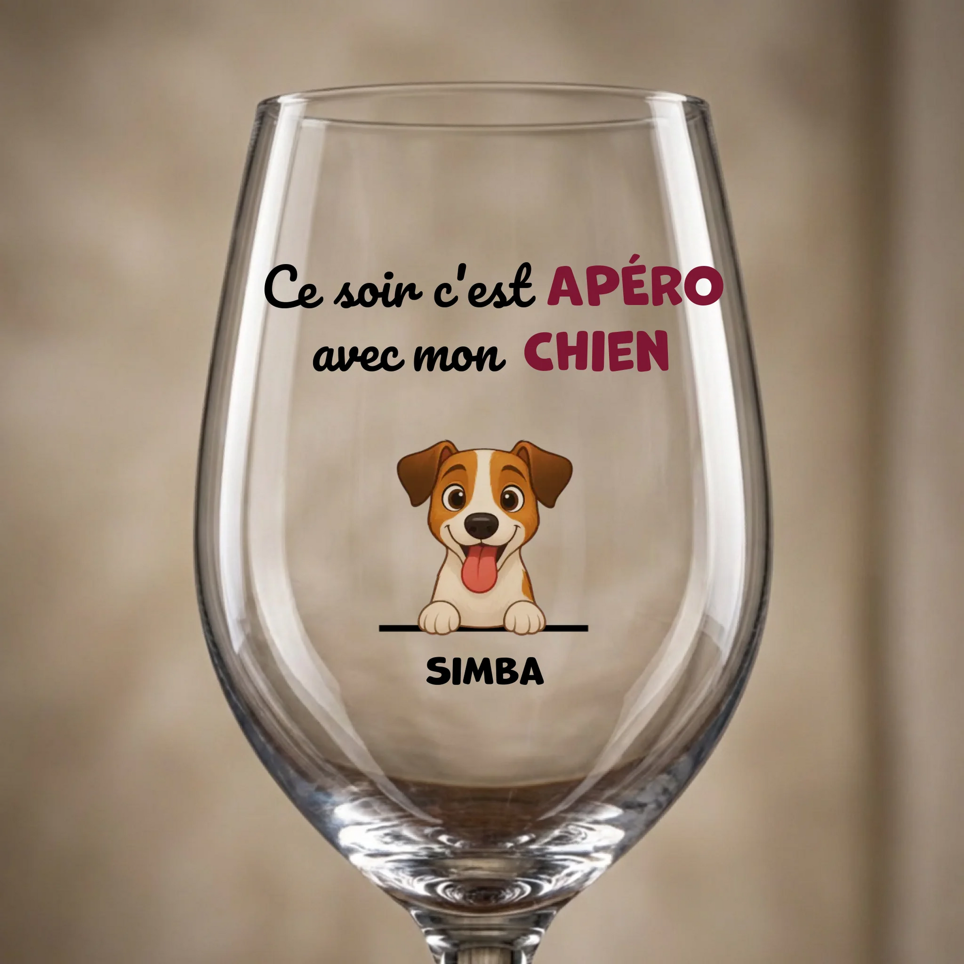 Verre à vin "Ce soir c'est apéro" personnalisé avec un chien et son prénom.