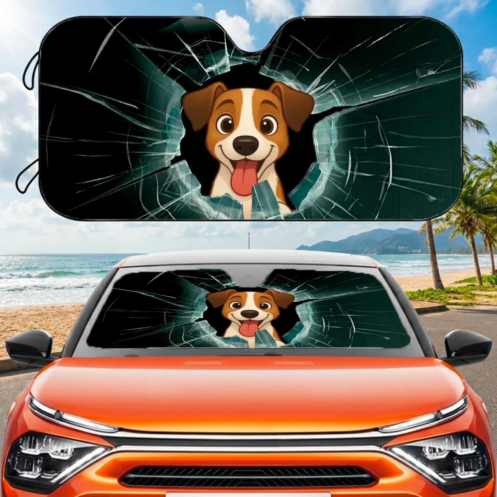 Pare-soleil voiture personnalisé : chien joyeux et effet vitre brisée. Draw My Pets.