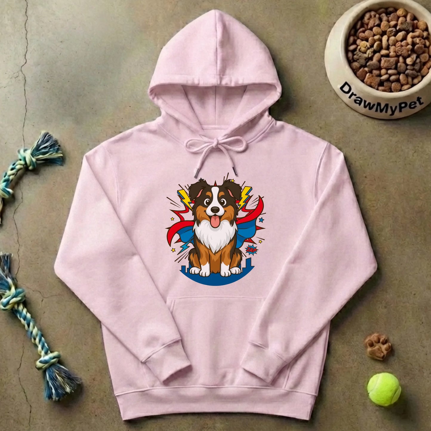 Détail du motif : chien avec cape et éclairs, prêt à l'action sur le pull.
