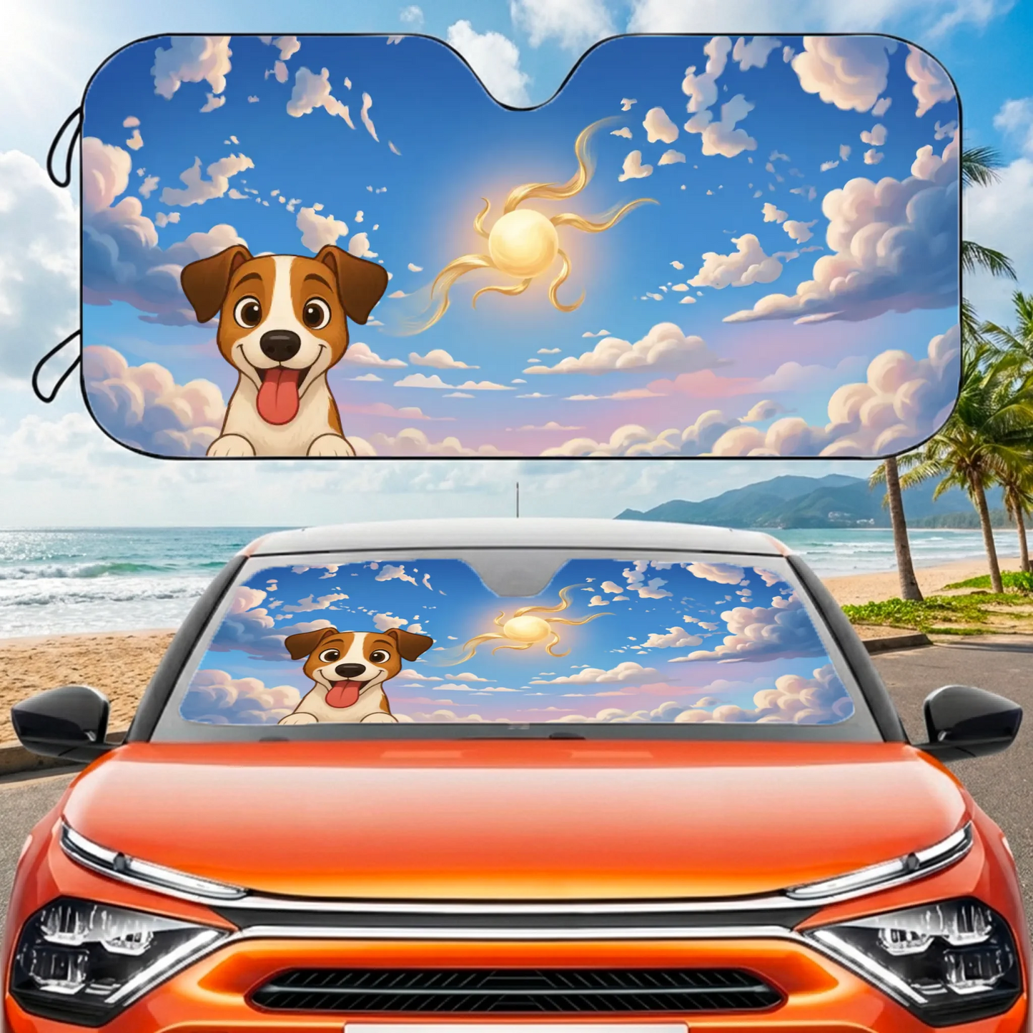 Pare-soleil personnalisé Ciel d'été avec un chien Jack Russell souriant pour voiture.