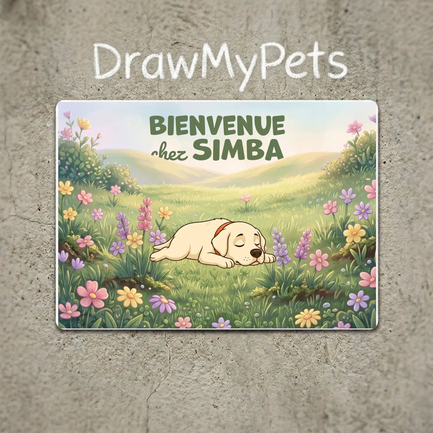 Plaque métal personnalisée "Bienvenue chez #1" avec illustration d'un labrador endormi dans un champ de fleurs, ambiance douce et accueillante.