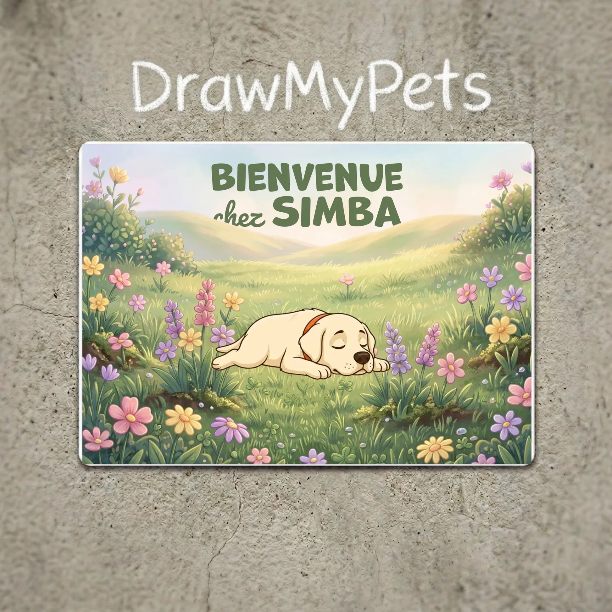 Plaque métal personnalisée "Bienvenue chez #1" avec illustration d'un labrador endormi dans un champ de fleurs, ambiance douce et accueillante.
