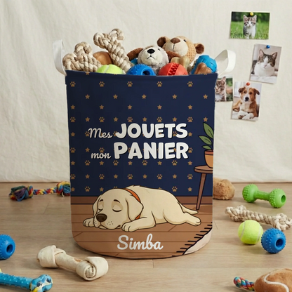 Panier à jouets personnalisé "Mes jouets, mon panier" avec portrait de chien endormi.