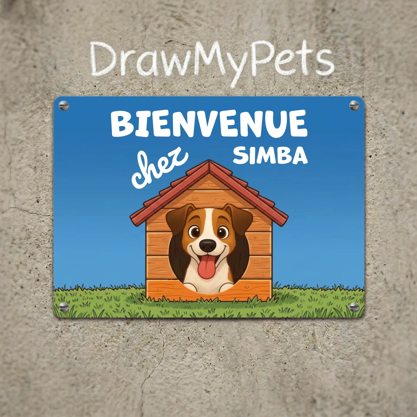 Plaque métal personnalisée "Bienvenue chez [Prénom]" avec un chien joyeux dans sa niche.