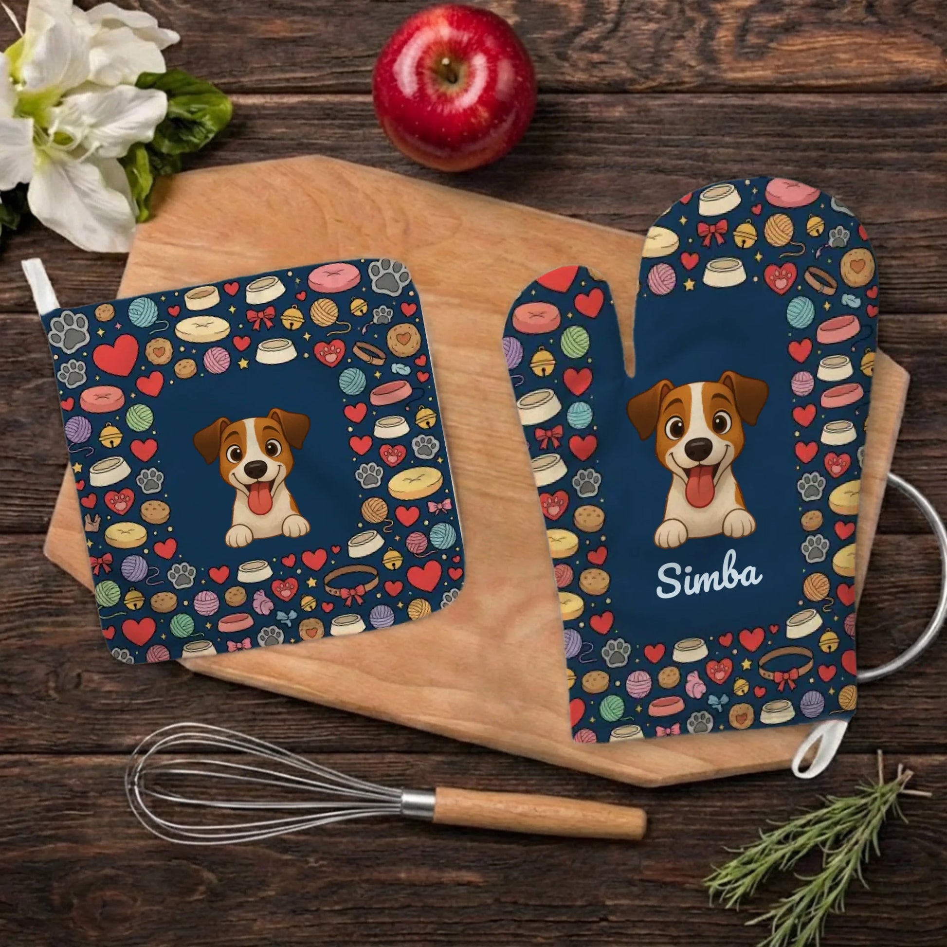 Gants de cuisine personnalisés avec illustration de chien souriant et mosaïque d'objets.