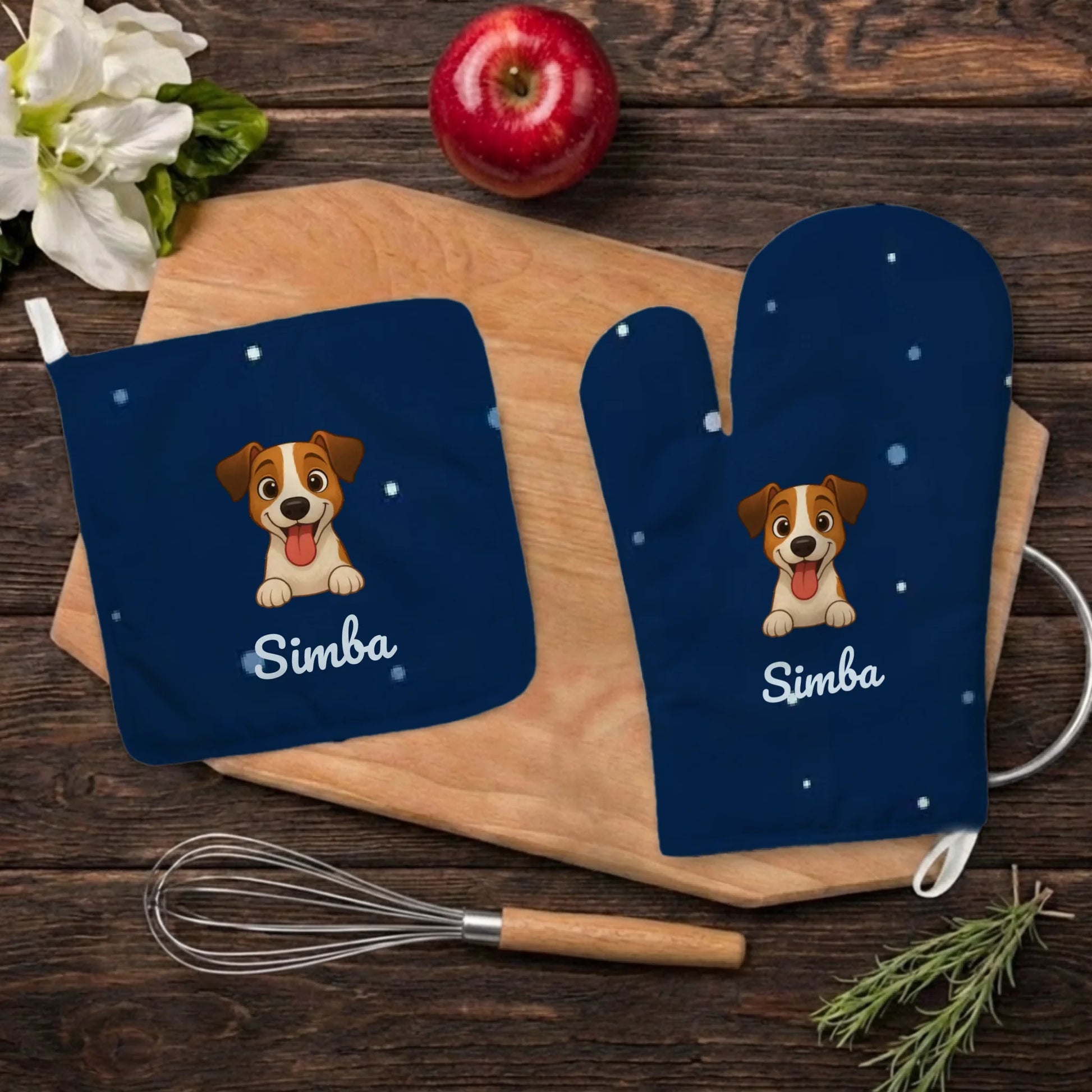 Set de gants de cuisine personnalisés bleu nuit avec chien souriant.