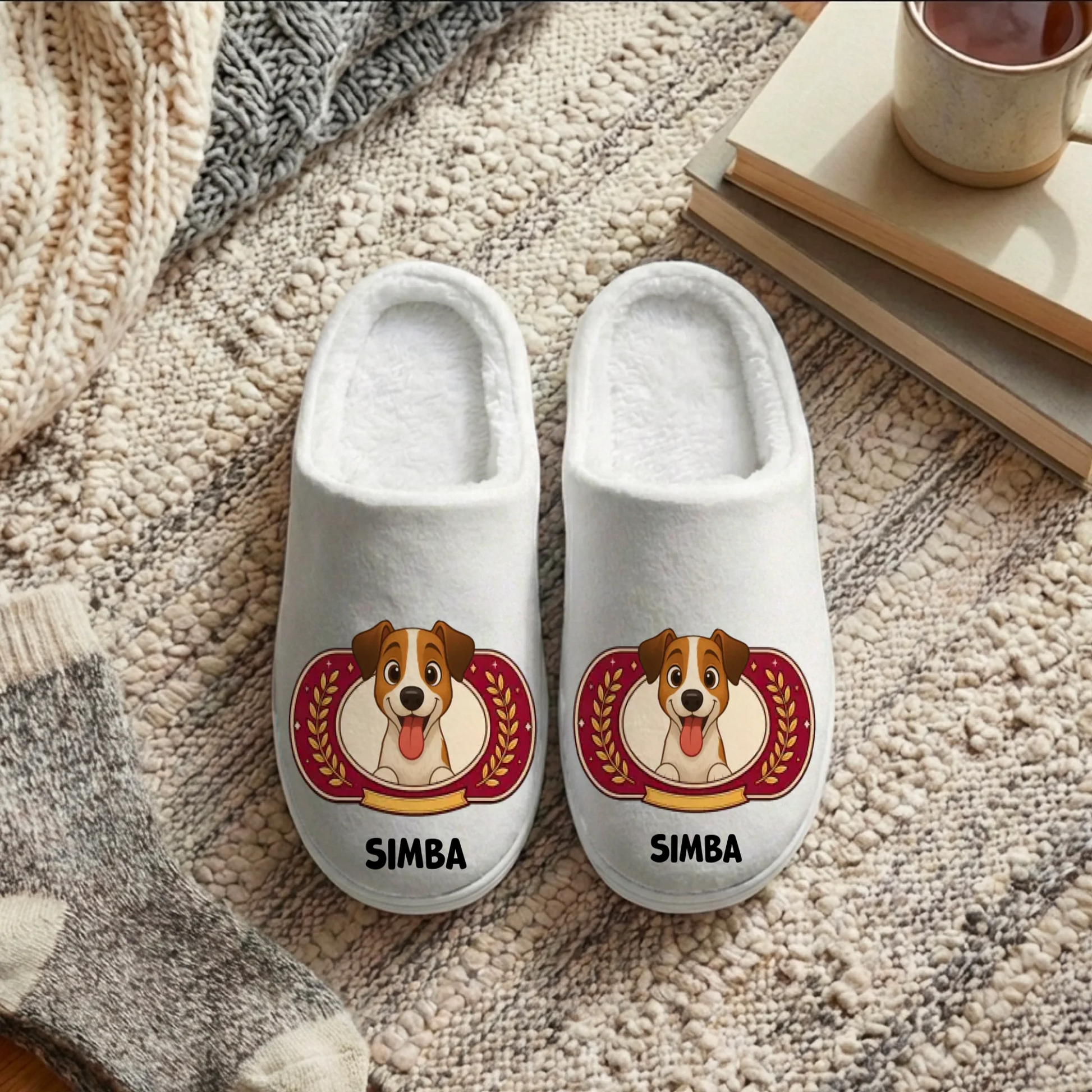 Pantoufles personnalisées chien Jack Russell Simba sur tapis douillet Draw My Pets