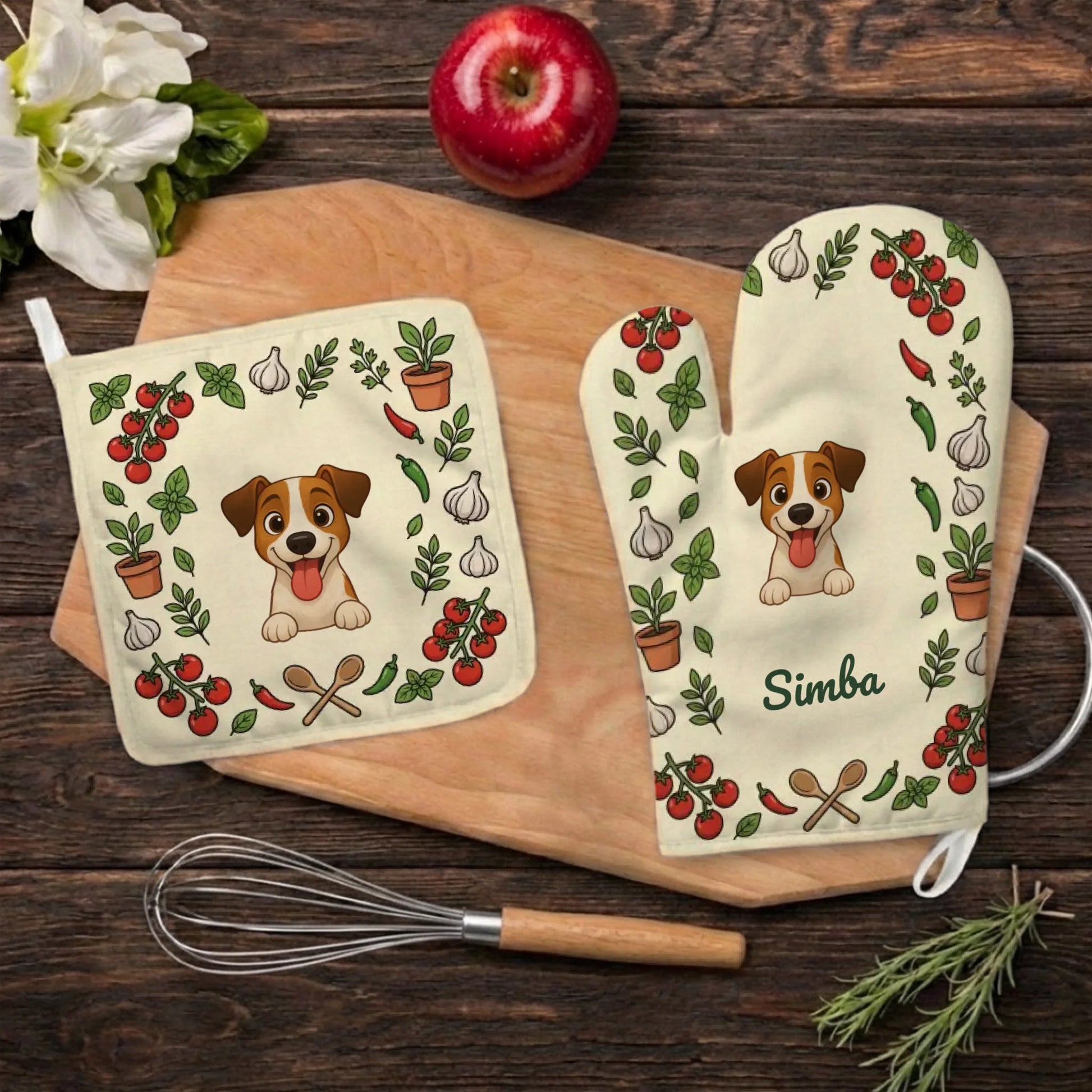 Paire de gants de cuisine personnalisés avec un Jack Russell et son prénom Simba.