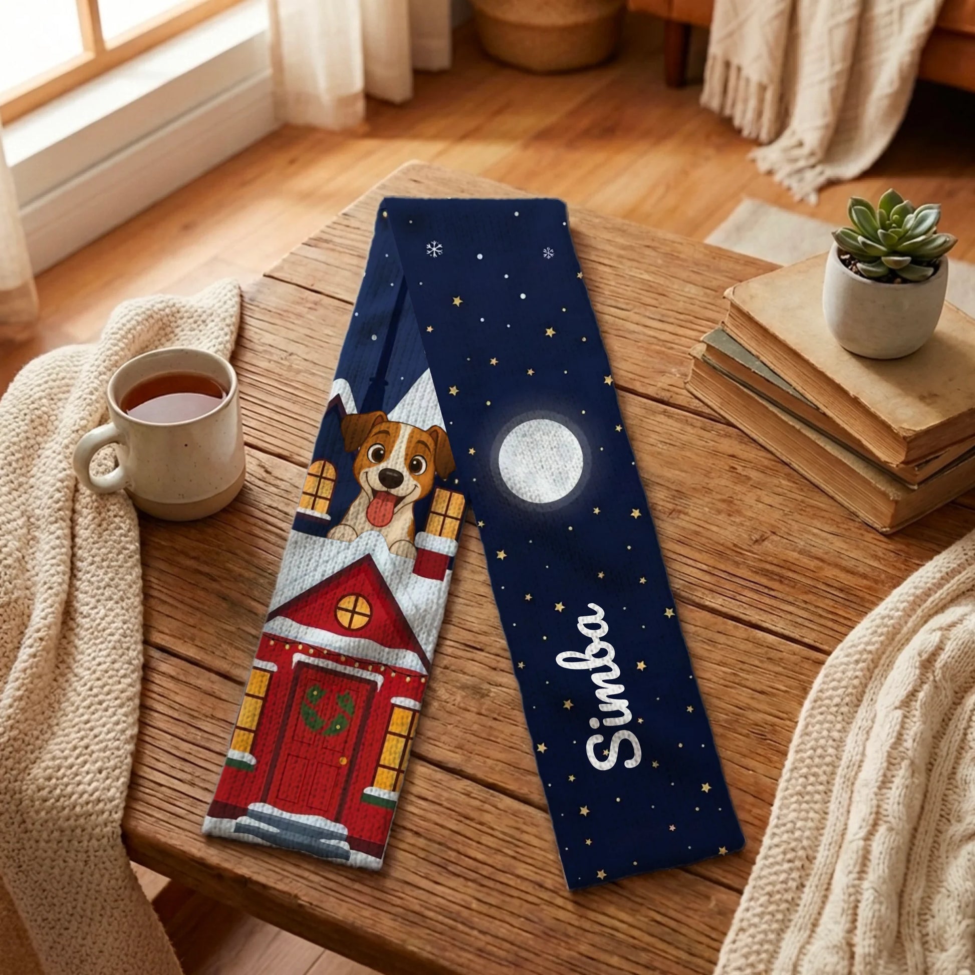 Écharpe personnalisée bleue "Soir de Noël" avec illustration joyeuse d'un chien dans une maison enneigée et prénom de l'animal, posée sur une table en bois.