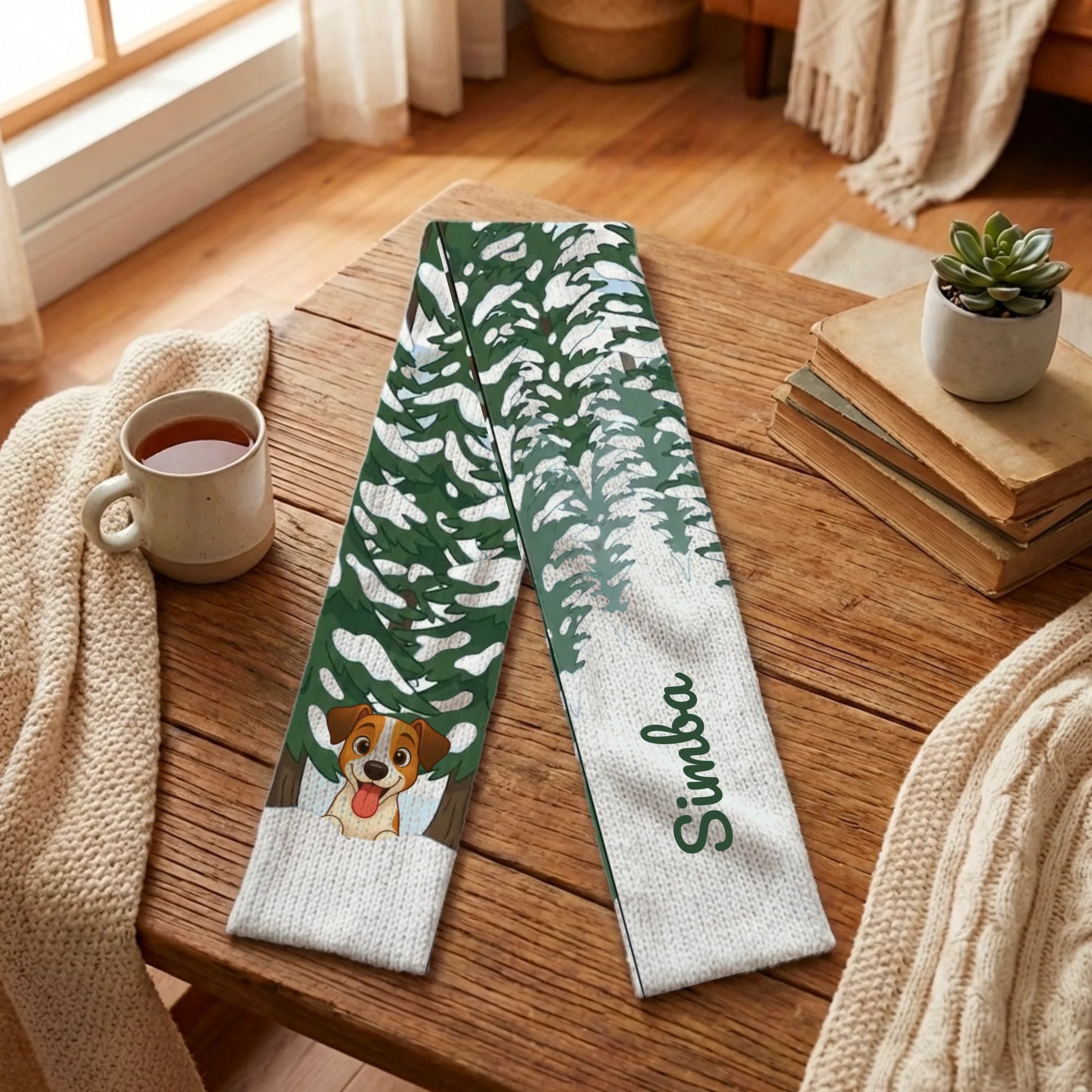 Écharpe personnalisée "Forêt enneigée" avec chien souriant et prénom "Simba" sur table en bois.