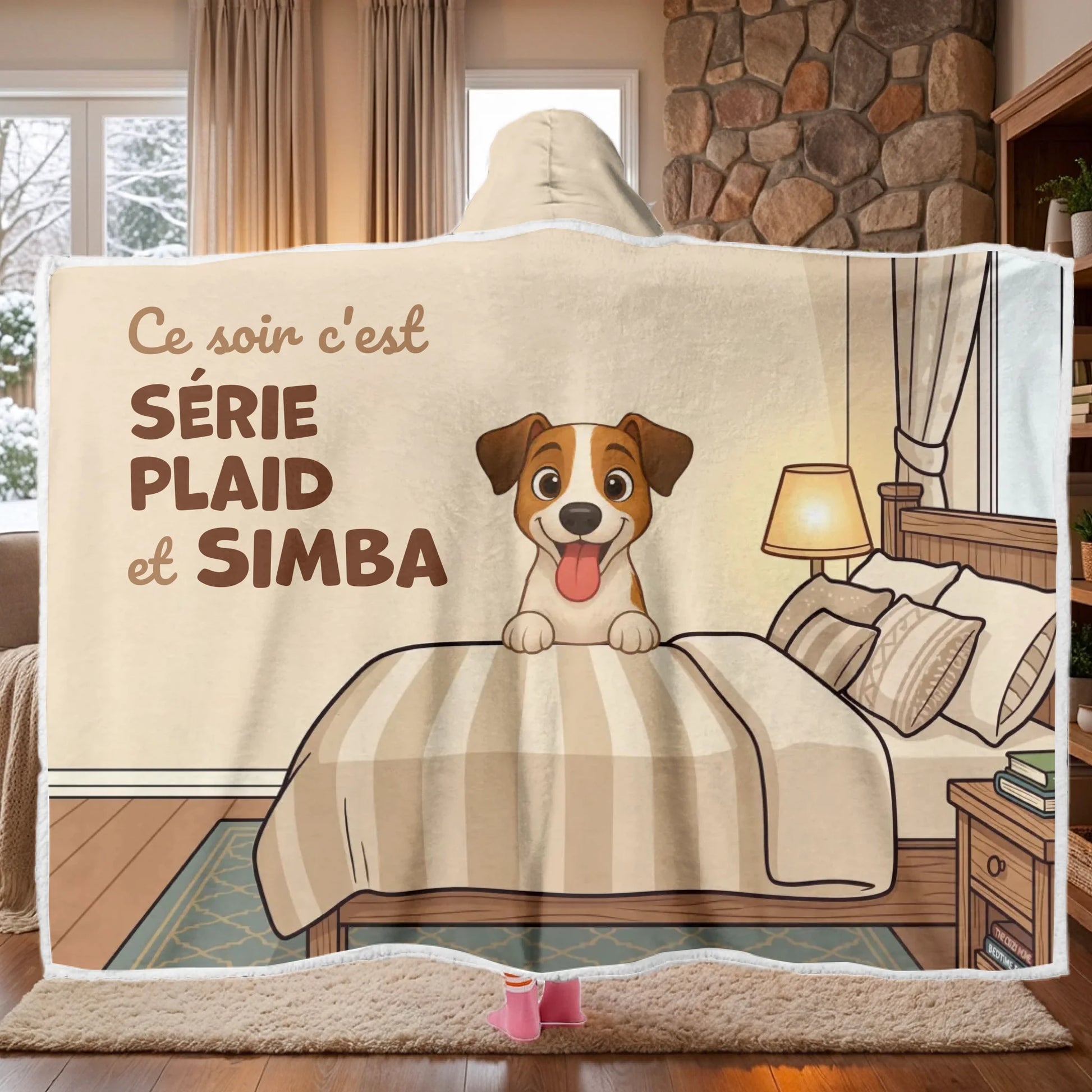Plaid à capuche "Soirée plaid et série" personnalisé avec chien sur lit.
