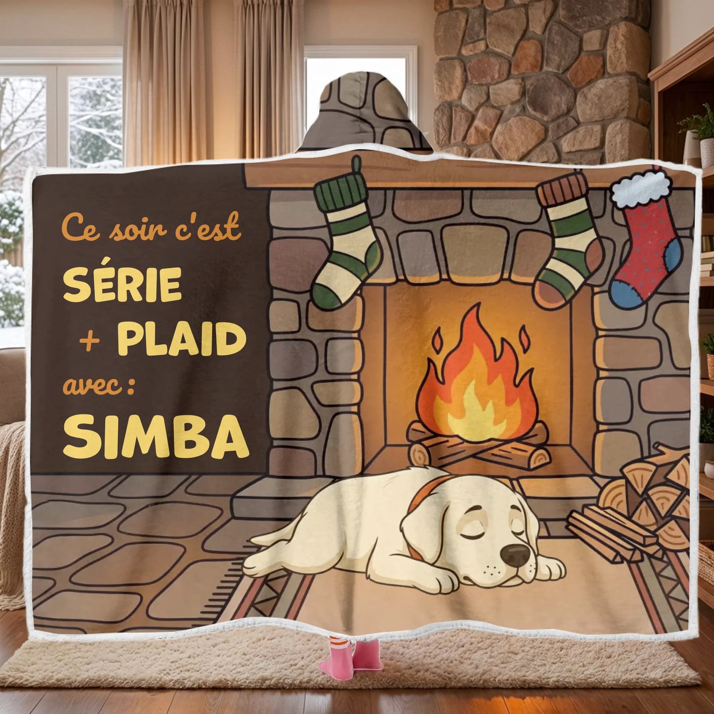 Plaid à capuche personnalisé cheminée, chien endormi, 'Soirée plaid et série' avec prénom.