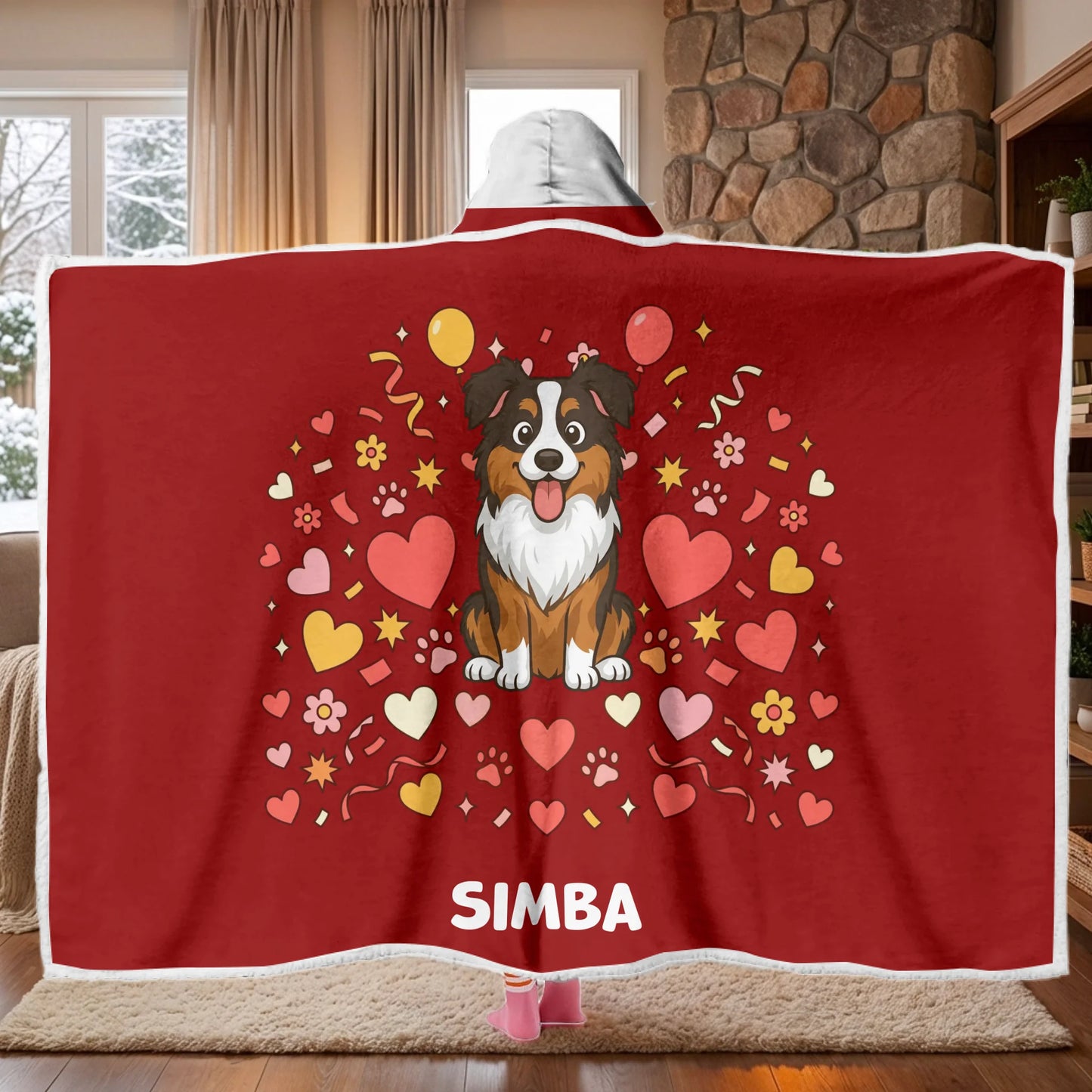Plaid à capuche personnalisé rouge "Bonheur en confettis" avec illustration de chien et prénom "Simba"