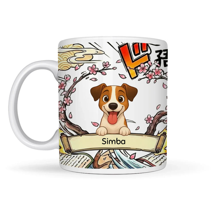 Tasse céramique blanche personnalisée chien souriant, prénom, décor cerisiers japonais.
