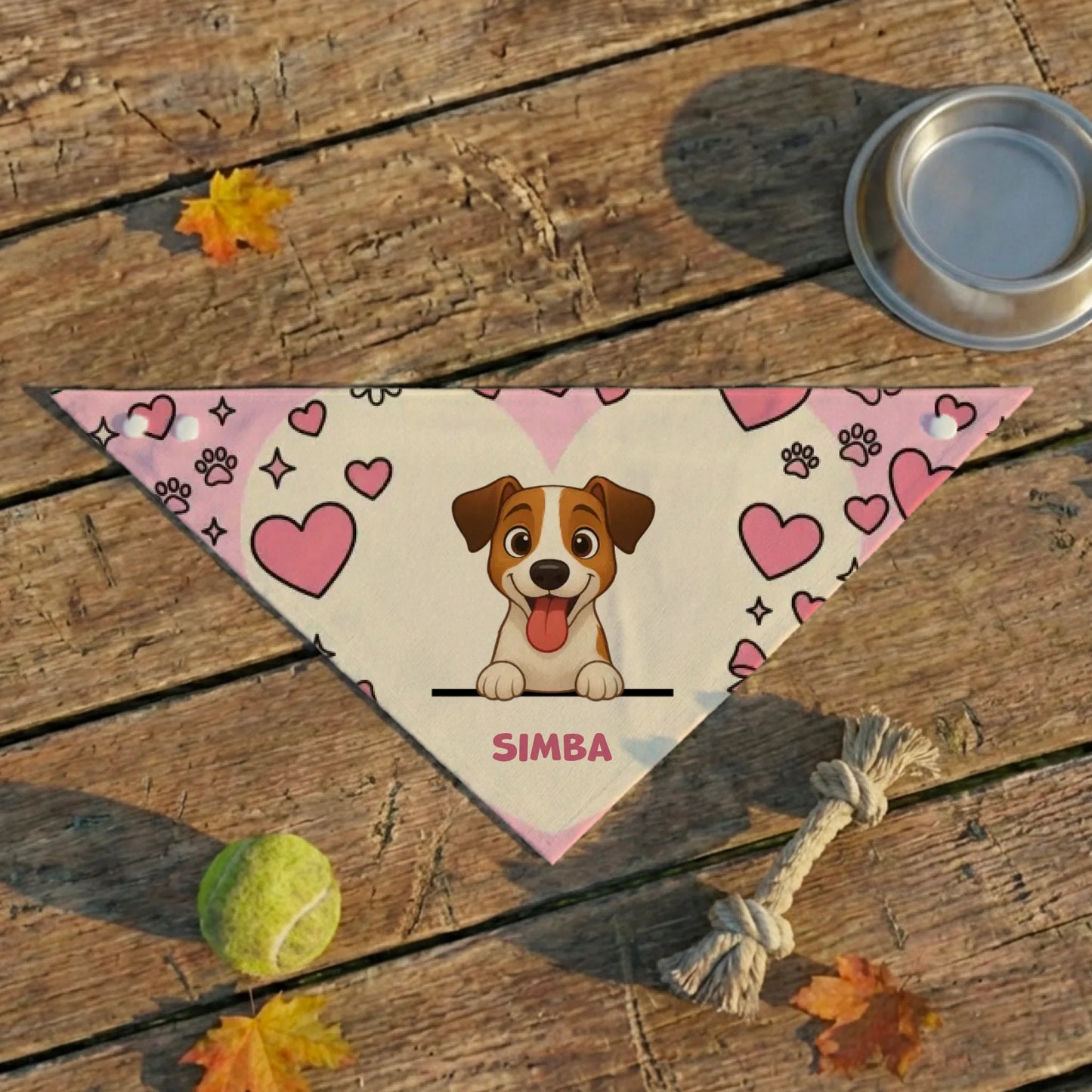 Bandana personnalisé rose "Nuée de cœurs" avec portrait de chien, sur bois.