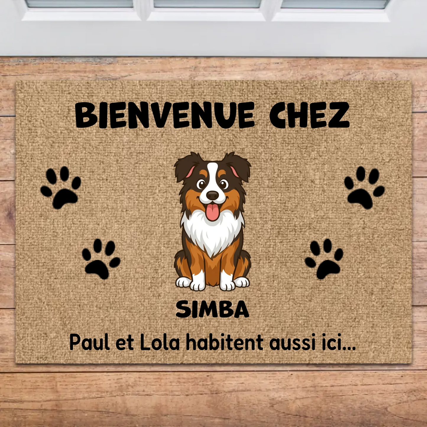 Paillasson personnalisé rectangulaire "Bienvenue chez" avec chien Berger Australien et empreintes, Draw My Pets.
