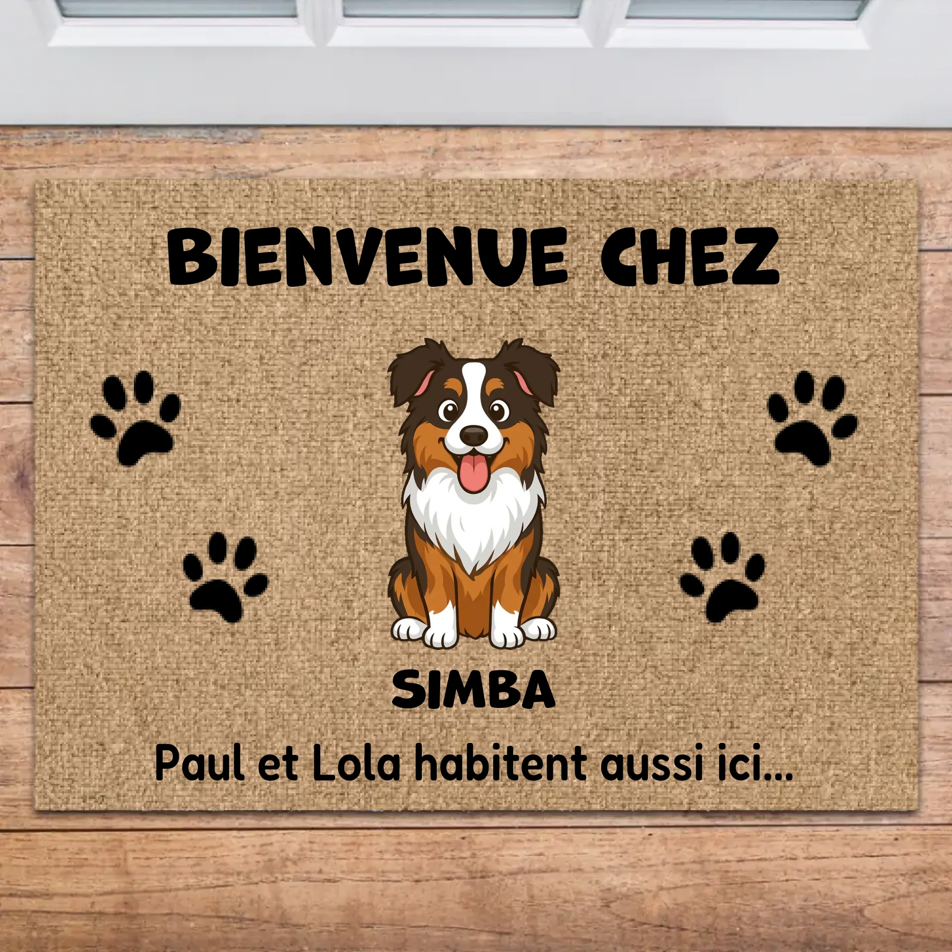Paillasson personnalisé rectangulaire "Bienvenue chez" avec chien Berger Australien et empreintes, Draw My Pets.