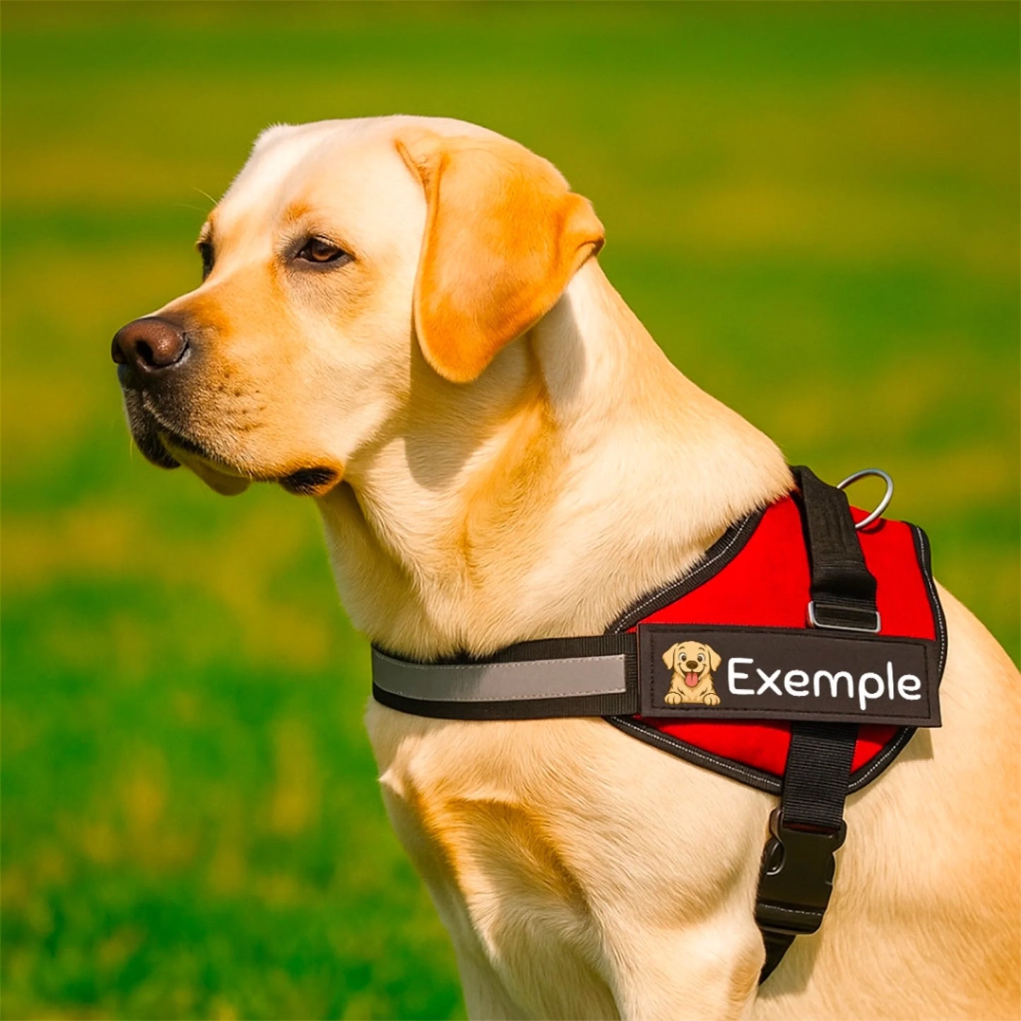 Close-up van het zwarte label met vrolijk zittend hondenportret en naam op het rode harnas