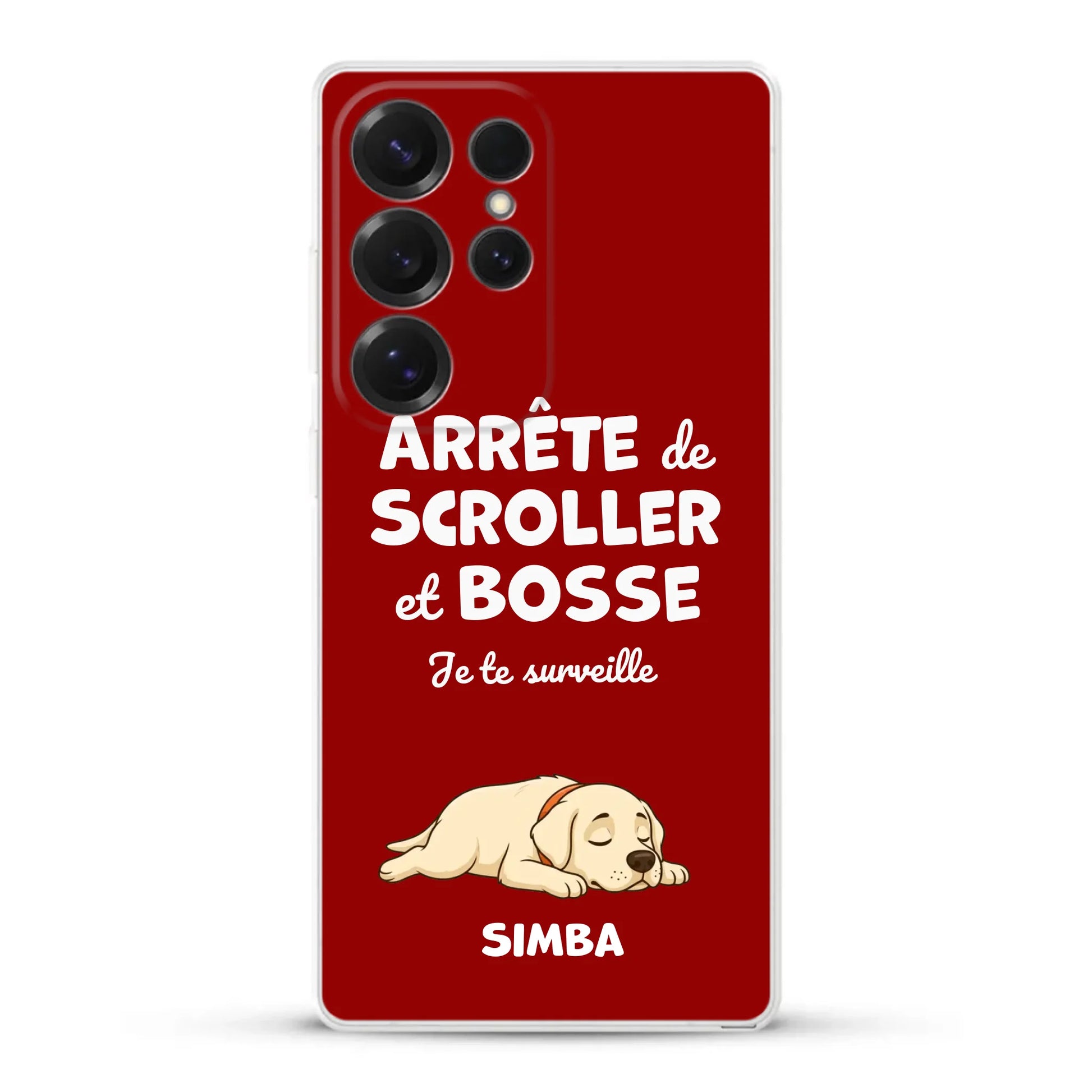 Coque téléphone personnalisée rouge avec chien endormi et texte "Arrête de scroller et bosse" pour iPhone ou Samsung.