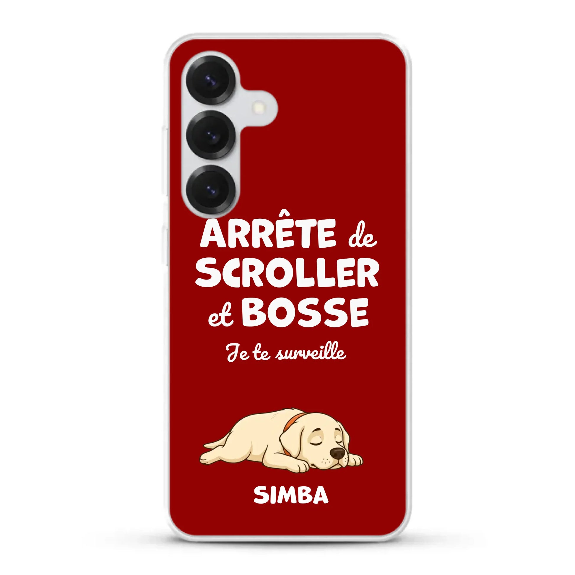 Détail du texte "Arrête de scroller et bosse" sur la coque de téléphone personnalisée Draw My Pets.