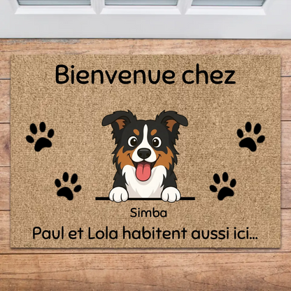 Paillasson personnalisé fibre de coco avec illustration joyeuse de chien Berger Australien et prénom Simba