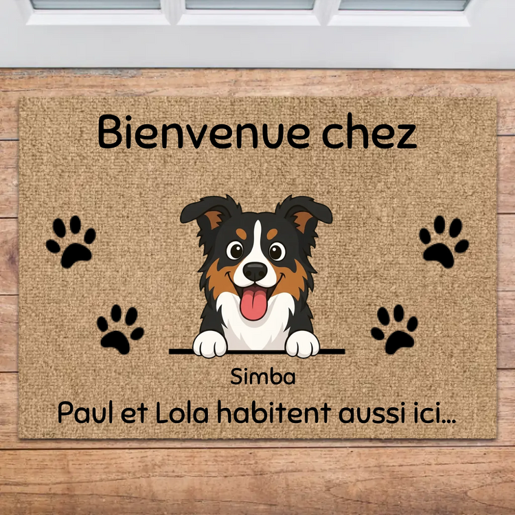 Paillasson personnalisé fibre de coco avec illustration joyeuse de chien Berger Australien et prénom Simba