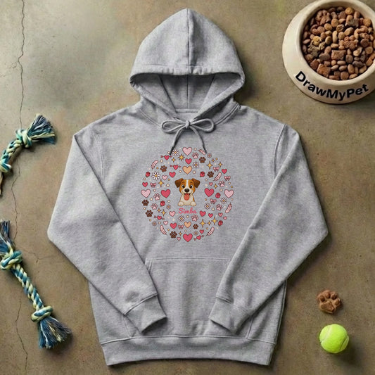 Sudadera con capucha personalizada gris "Remolino de Amor" con retrato de perro y nombre.