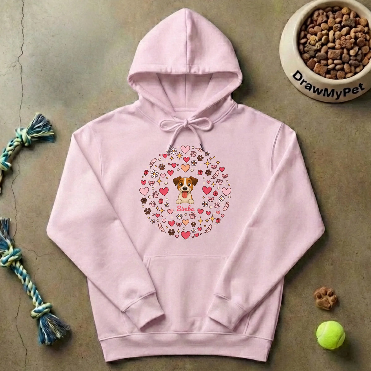 Primer plano del diseño circular "Remolino de Amor" con corazones y patitas en sudadera.